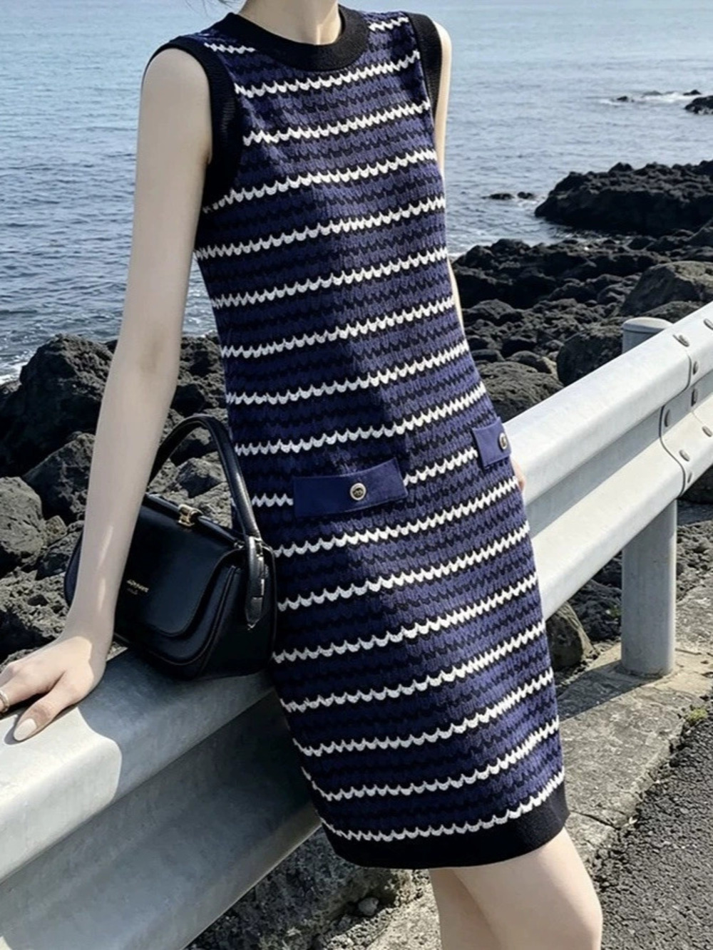 ZARA Striped Tweed Knit Sleeveless Round Neck Loose Midi Layering Tank Dress